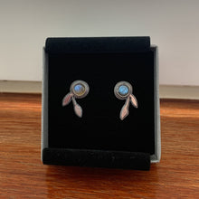 Load image into Gallery viewer, Labradorite Leaf Studs displayed in branded box