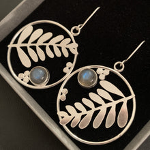 Load image into Gallery viewer, Forest Fern Hoop Earrings Blue displayed in branded box
